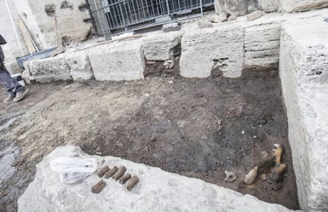 I resti della testa di cavallo trovati nell'area di passaggio esterna al Colosseo.